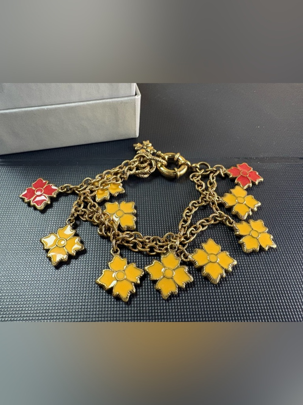 Patricia Nash Floral Charm Bracelet Gold Tone Yellow Red Enamel Statement NWOT
